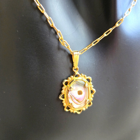 Vintage Abalone 14k Gold Necklace & Pierced Earrings - Picture 16 of 16